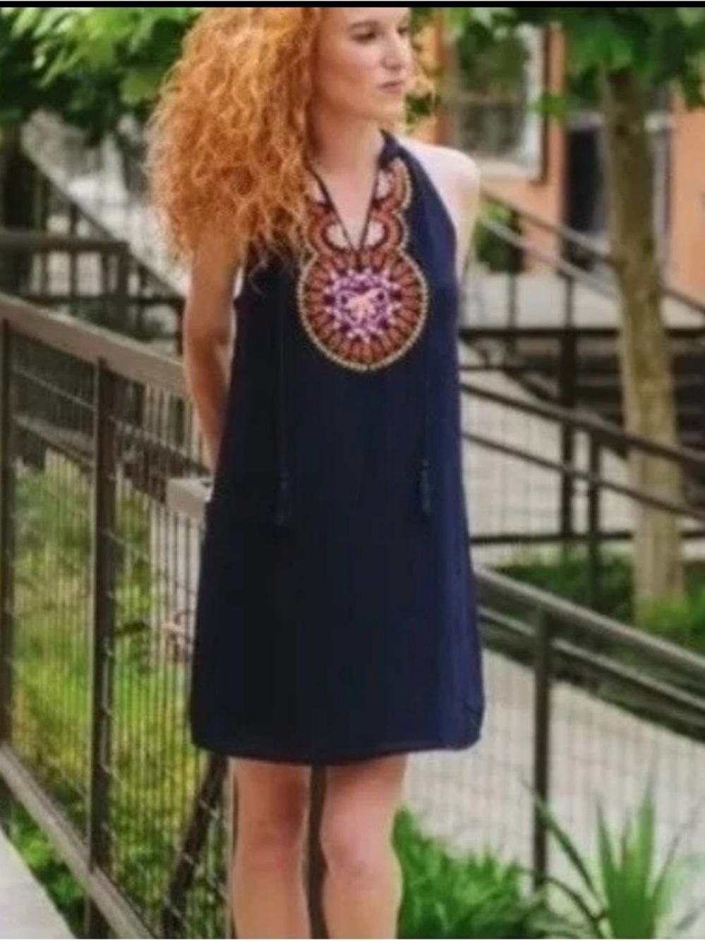 THML Roonie Navy Halter Mini Dress with Embroidered Medallion & tassel detail